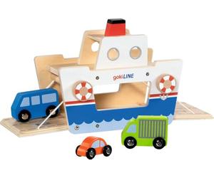 goki 53766 - Traghetto auto gokiLINE in legno con manovella e 3 veicoli, traghetto giocattolo con auto, set da gioco per auto
