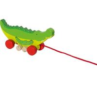 goki 54852 - Peluche a forma di coccodrillo Cosmo & Crok, in legno, giocattolo educativo con motivo animale, con corda, giocattolo per bambini favorisce la coordinazione e le capacità motorie, 22 cm x