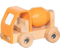 goki 55835 - Miscelatore per calcestruzzo, veicolo scorrevole in legno arancione con tamburo girevole, robusto auto giocattolo da cantiere per bambini dai 2 anni in su