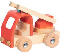 goki 55839 - Vigili del fuoco Carrelli a scaletta in legno con scala mobile, auto giocattolo robusta per bambini dai 2 anni in su