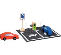 goki 55842 - Stazione di ricarica elettrica PowerLoad in legno e feltro, con 2 auto elettriche e sfere magnetiche, risveglia la creatività dei bambini, mostra giocosamente la ricarica dei veicoli, set