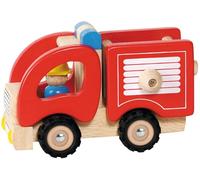 Goki 55927 Camion dei Pompieri in Legno massello, Auto Giocattolo Rossa con Pneumatici in Gomma e Vigile del Fuoco, Giocattolo dai 2 Anni in su
