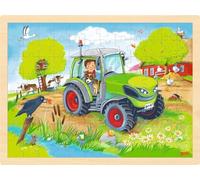 goki 57326 - Puzzle da appoggio, trattore e fattoria, in legno, promuove l'immaginazione e le abilità motorie nei bambini, animali della fattoria, 40 cm x 30 cm, set da 96 pezzi, a partire dai 3 anni,