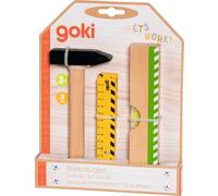 goki 58327 - Set di Attrezzi in Legno, 3 Pezzi, per Bambini dai 3 Anni in su, con Martello, Metro e livella a Bolla
