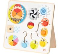 goki 59959 - Tavola per attività e motorie, giocattolo in legno con ingranaggi, pioggia, labirinto scorrevole, puzzle girevole e specchio