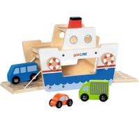 goki 53766 - Traghetto auto gokiLINE in legno con manovella e 3 veicoli, traghetto giocattolo con auto, set da gioco per auto