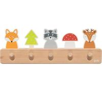 goki 60662 - Appendiabiti in legno, per bambini con 5 ganci, motivo forestale, volpe, procione, cervo, barra con ganci per cameretta dei bambini, favorisce l'ordine e il lavoro autonomo, a partire da