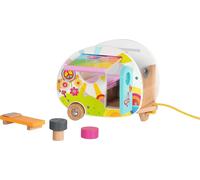 goki 51431 - Roulotte Camperfreude - Goki66 - Ciondolo in legno colorato per mini bambole/bambole flettenti, con lettino, tavolo, sedile e tenda da sole
