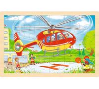 goki 57301 - Puzzle con elicottero e vigili del fuoco, 24 pezzi, puzzle in legno stampato su entrambi i lati, per doppio divertimento puzzle, 30 x 20 cm