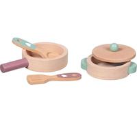goki Kitchen Love 51459 - Set da cucina in legno da 5 pezzi con padella, pentola con coperchio, cucchiaio e spatola