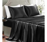 GOLAL Lenzuola in raso per letto queen size, 4 pezzi, lussuose e morbide come la seta, set di lenzuola in raso nero senza pieghe, 1 lenzuolo con angoli con tasca profonda, 1 lenzuolo piatto, 2 federe