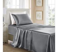 GOLAL Set di lenzuola in raso per letto singolo XL, 3 pezzi, lussuose e morbide come la seta, senza pieghe, colore grigio scuro, con 1 lenzuolo con angoli con tasca profonda, 1 lenzuolo piatto, 1