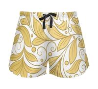 Gold and White Leaves Womens Pajama Bottoms, Workout Pantaloncini con Pockets for Gym Sports,M