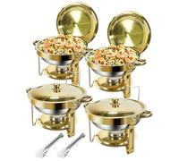 Gold Chafing Dish Buffet Set 5L [Robusto e Montaggio Facile], 4 Scaldavivande Tondi, Contenitori Riscaldanti in Acciaio Inox [Elegante Oro e Argento], per Catering Buffet e Ogni Tipo di Feste