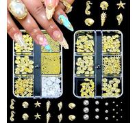 Gold-Charm delle Unghie, 2 Scatole Decorazioni Estive con Stella | Oceano Pietre per Unghie in Oro, Mini Stella in Metallo, Luna, Conchiglie, Stelle Marine per Nail Art Acrilico, Accessori