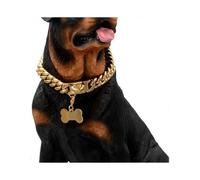 Gold Dog Chain Choke Collar,Solid Cuban Link Strong, Heavy Duty Chew Resistant with Design Secure Buckle and Blank Bone Shape ID Tag16in
