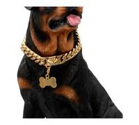 Gold Dog Chain Choke Collar,Solid Cuban Link Strong, Heavy Duty Chew Resistant with Design Secure Buckle and Blank Bone Shape ID Tag10in