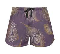 Gold Peacock Feather Violet Pajama Bottoms for Women, Elastic Waist Drawstring Lounge Shorts Yoga,XXL