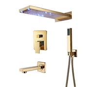 Gold Rain Shower System LED Shower Faucet Set Wall Mounted Shower Combo Set Brass Single Handle Rain Mixer Shower with LED Rainfall And Waterfall Shower Head, Handheld Shower, Tub Spout