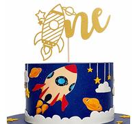 Gold Rocket One Cake Topper - Single-saide Gold Glitter 1st Birthday Rocket Cake Topper For Space Astronauta Temed Birthday Party Baby Shower Party Cake Decoration, Gold Photo Booth Props