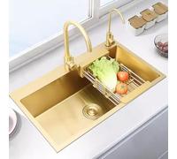 Gold Workstation Stainless Steel Kitchen with Golden Big Curved Faucet Thickened Household Undercounter Basin (Color : Gold, Size 60 * 45 22cm)