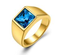 GoldChic Jewelry - Anello da donna in argento con sigillo di cristallo, anello da mignolo personalizzato in acciaio inossidabile con topazio blu e onxy nero, 7 UK, Acciaio inossidabile, Zaffiro