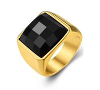 GoldChic Misura 19 Ossidiana 15MM Anello Uomo Oro Pietra Alta Trasparenza Intarsio 3D Tagliato a Diamante Anello Acciaio