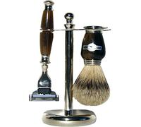 Golddachs - Set da barba in galalite comprensivo di rasoio e pennello da barba con manici imitazione corno/struttura in ottone, 100% setole di puro tasso, punte colore: Argento