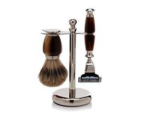 Golddachs - Set da barba in galalite comprensivo di rasoio e pennello da barba con manici imitazione corno/struttura in ottone, 100% setole di puro tasso, punte colore: Argento