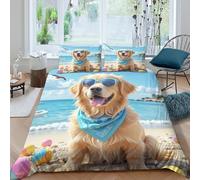 Golden dog beachSet Di Copripiumino microfibra morbida 3 pezzi motivo 3D cerniera nascosta Sunshine summer style copripiumino con federe traspirante ultra morbido for ragazze Super king（260x220cm）