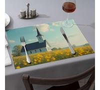 Golden Girls Gifts A Serene White Church with a Steeple Stands in mezzo a un campo di fiori gialli tovagliette da pranzo tovaglia occidentale cucina e sala da pranzo (4 pezzi)