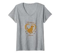 Golden Heart Golden Retriever Love Paw Prints Dog Lovers Maglietta con Collo a V, Donna, Grigio Melange, S