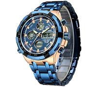 GOLDEN HOUR lusso in acciaio inox analogico digitale orologi per uomo sport all'aperto impermeabile grande orologio da polso pesante Oro rosa e blu.