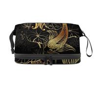 Golden Koi Carps and Lotus - Trousse per cosmetici a doppio strato, per donne e ragazze, borsa da viaggio per trucchi e trucchi, con scomparto per pennelli, Multi, 27x15x14 cm/10.6x5.9x5.5 in, Beauty