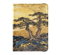 Golden Moon & Pine Tree Landscape - Portafoglio in pelle per passaporto e carte di vaccino, organizer per documenti di viaggio, per uomini e donne, impermeabile
