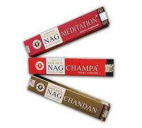 Golden Nag, Vijayshree - Set di 3 incenso, aroma: Nag Champa e Nag Chandan, incenso naturale, per aromaterapia, 3 confezioni da 15 g