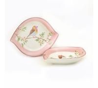 GOLDEN QUEEN'S Set di 2 piatti a forma di foglia, eleganti e adatti al microonde, perfetti per servire snack, dolci, biscotti e frutta secca (larghezza 17,8 cm), motivo uccellino rosa