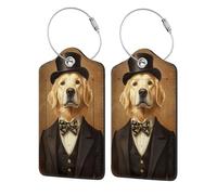 Golden Retriever As Gentleman - Confezione da 2 etichette per bagagli in pelle con patta per la privacy, etichetta identificativa con nome e anello in metallo, per donne e uomini, da viaggio