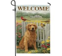 Golden Retriever - Bandiera da giardino di benvenuto, decorazione primaverile stagionale per cani, decorazione per la casa e il cortile, opera d'arte botanica su entrambi i lati, decorazione per prato