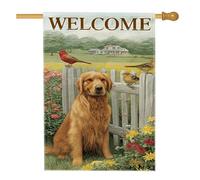 Golden Retriever - Bandiera da giardino di benvenuto, decorazione primaverile stagionale per cani, decorazione per la casa e il cortile, opera d'arte botanica su entrambi i lati, decorazione per prato