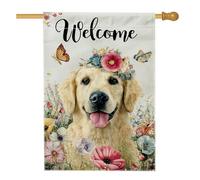 Golden Retriever Bandiera da giardino floreale, fiori colorati, farfalle benvenuto, decorazione per la casa, bandiera da cortile in iuta su entrambi i lati, decorazione per prato all'aperto, 71 x 101