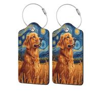 Golden Retriever - Confezione da 2 etichette per bagagli con stelle vorticose in pelle, con linguetta per la privacy, etichetta identificativa e anello in metallo, per donne e uomini, da viaggio