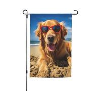 Golden Retriever estivo Cucciolo carino Il mio amore cane sulla spiaggia Bandiera da giardino vibrante bifacciale 12 x 18 pollici Decorazione per casa e giardino