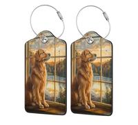 Golden Retriever - Etichette per bagagli seduti vicino alla finestra, per valigie, confezione da 2, in pelle, con patta per la privacy, etichetta identificativa con nome e anello in metallo, per donne