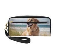 Golden Retriever on the Beach Borsa per il trucco in pelle stampata con cinturino da polso Borsa da toilette portatile da viaggio Borsa organizer per cosmetici da donna