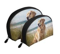 Golden Retriever on the Beach - Trousse da viaggio per trucchi con stampa in 2 pezzi, portatile, da viaggio, per cosmetici
