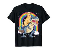 Golden Retriever Riding Dinosaur T-Rex Regali da Uomo Rainbow Maglietta