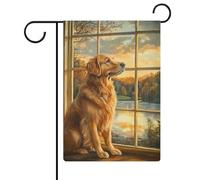 Golden Retriever seduto vicino alla finestra, bandiera da giardino, vacanze stagionali, juta, doppia faccia, bandierine per esterni, 30,5 x 45,7 cm