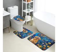 Golden Retriever - Set di 3 tappetini da bagno colorati con motivo a vortice assorbente, antiscivolo, a forma di U, lavabile, per amanti dei cani, ad asciugatura rapida, in memory foam, set di tappeti