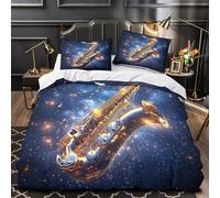 Golden Saxophone Set Di Copripiumino 3 Pezzi microfibra morbida stampa di 3D con cerniera Space Music Set Di Copripiumino con federa soffice traspirante ultra morbido for adulti Single（135x200cm）